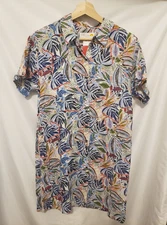 C&C California Festive Tropical Bluing Shirt Dress Small Blue Floral 100% Linen