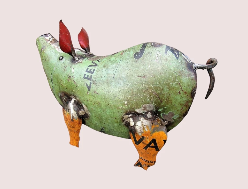 Pequeña estatua rústica de cerdo de chatarra reciclada de 6,5" hogar granja jardín Foto 3 de 4