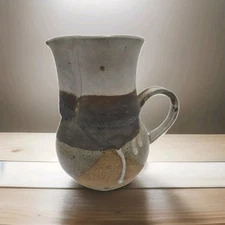Stoneware Brown Beige Gray Drip 7” Pottery Pitcher Vase Glazed Artisan Signed 