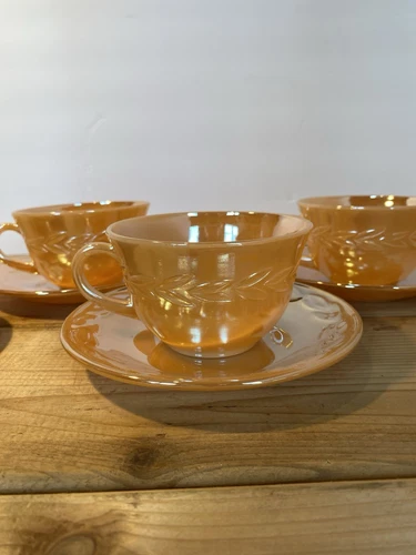 4 Vintage Fire King Ovenware Peach Luster Laurel Leaf Teacups and 4 Saucers USA