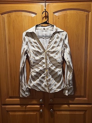 Vintage 90s Cache Gold/Silver Stripe Fitted Silhouette Twisted-Front Blouse Sz S