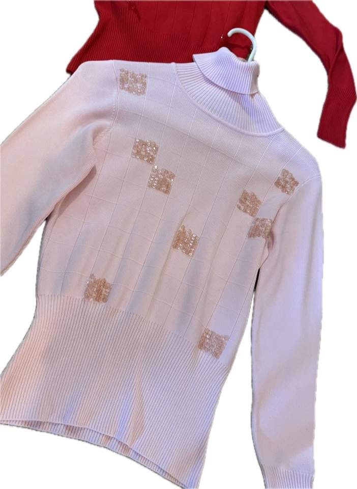 2 VENINI Pink & Red Sequence  Long Sleeve  Sweaters Petite Sml Turtle Neck - Image 2 of 4