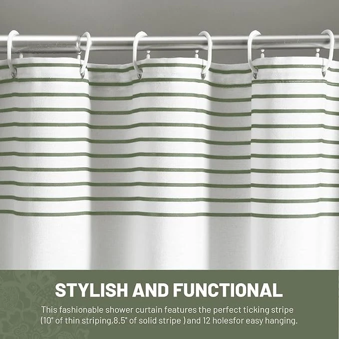 Sage Green & White Striped Fabric Shower Curtain – 72x72, Includes Hooks - Image 3 of 4