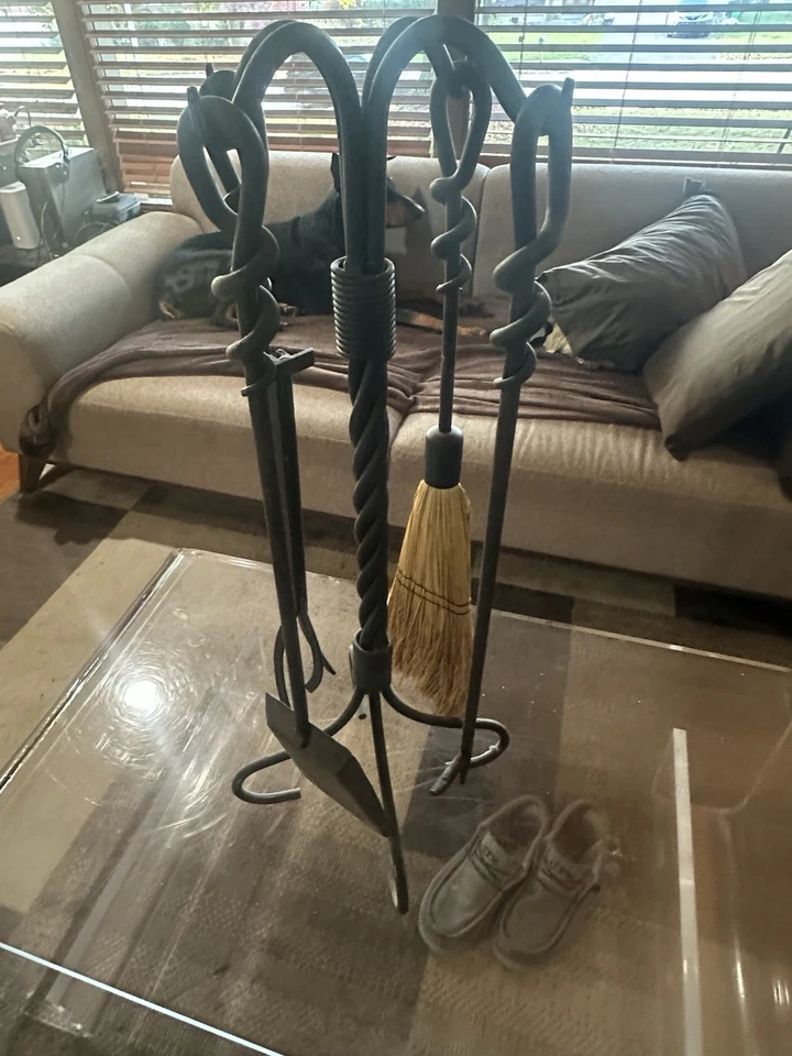 Juego de herramientas de chimenea de hierro forjado trenzado vintage de 30" campo 5 piezas Foto 4 de 4