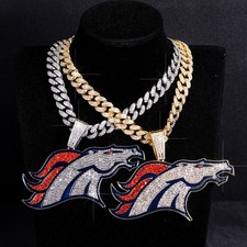 Denveer Broncoos Gem Chain 24" Iced Out Pendant Gold Silver NFL Fan Necklace