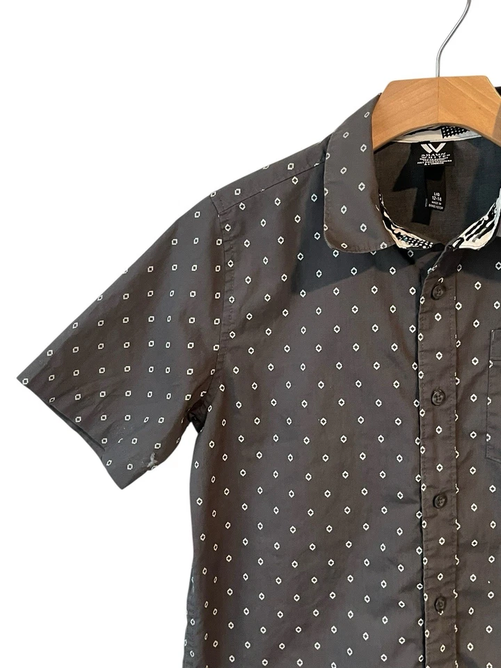 Shaun White Button UP Shirt Boys Size L 12-14 Gray Diamond Print Short Sleeve - Image 2 of 4