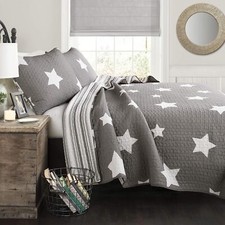Gray White Stars Stripes Patriotic 3 pc Quilt Coverlet Set Twin Full Queen Bed