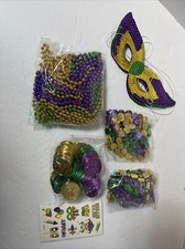 Mardi Gras Bead Set With Masks Tattoos Coins Tattoo Green Gold Purple Party Set