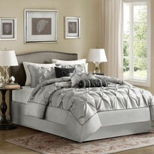 Full Queen Cal King Bed Silver Gray Grey Pintuck Pleat 7pc Comforter Set Bedding