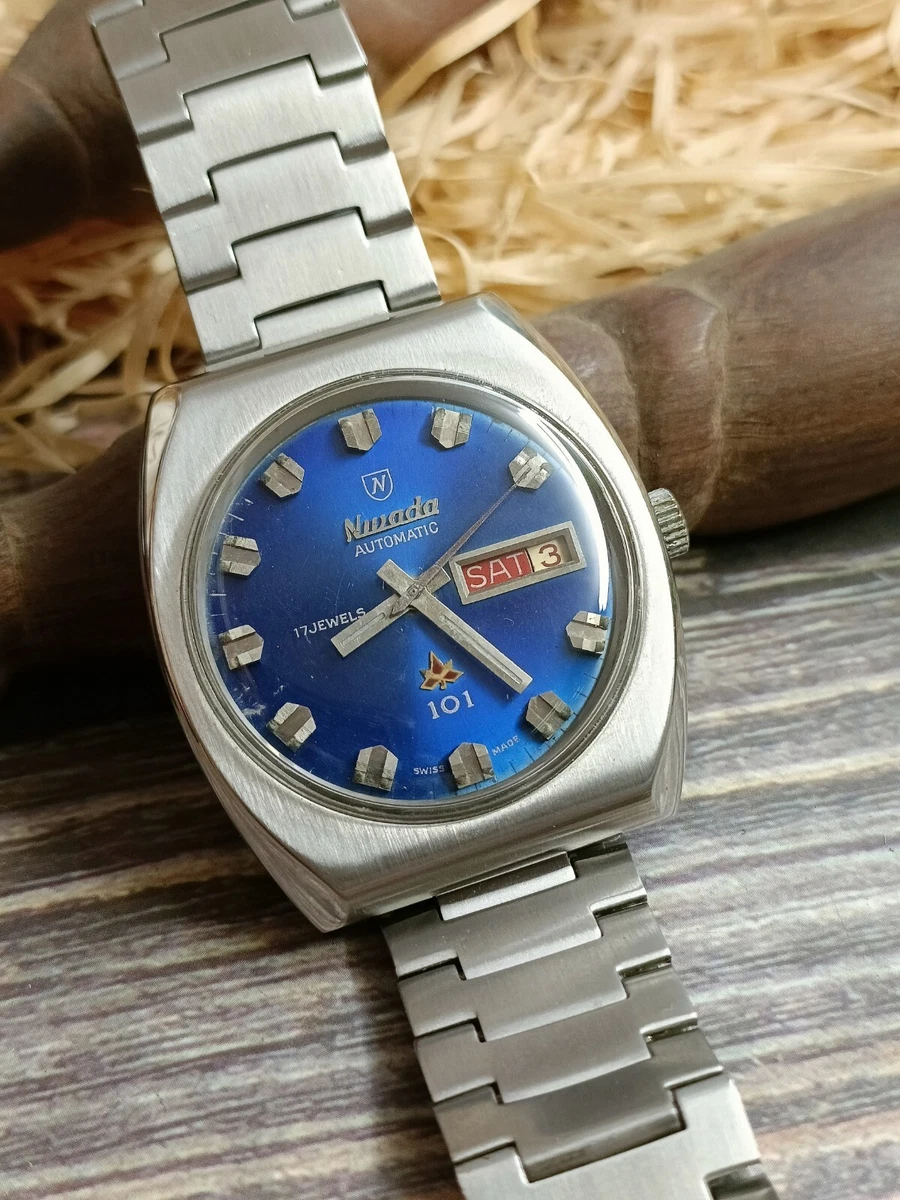 AUTHENTIC NIVADA AUTOMATIC 17 JEWELS 101 SWISS MEN S BLUE DIAL VINTAGE WATCH