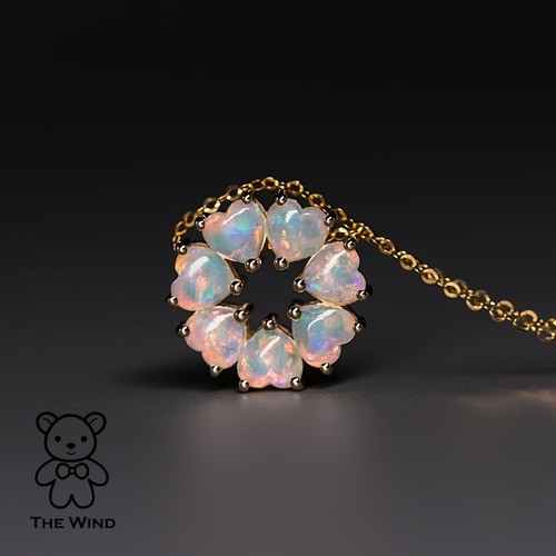 Eternity Heart Australian Crystal Opal Circle Pendant 14K Yellow Gold - Picture 7 of 16