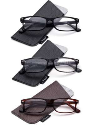 3 Pack Slim Reading Glasses Rectangular Frame Spring Hinges Classic Men Women