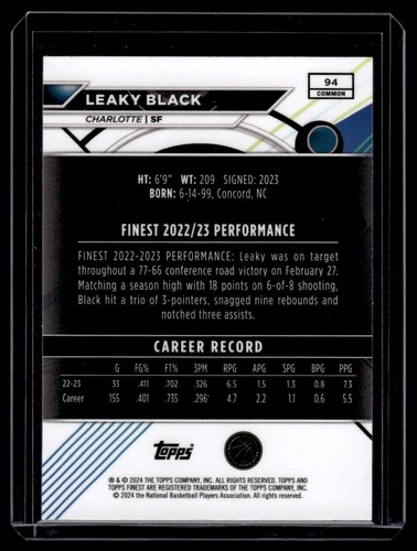 2024-25 Topps Finest Checkboard Common Leaky Black Rookie Charlotte Hornets #94 - Picture 2 of 2