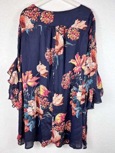 Umgee USA Short Dress Plus SZ 2XL Navy Floral Boho Bell Sleeve Flowy Lined - Picture 4 of 13