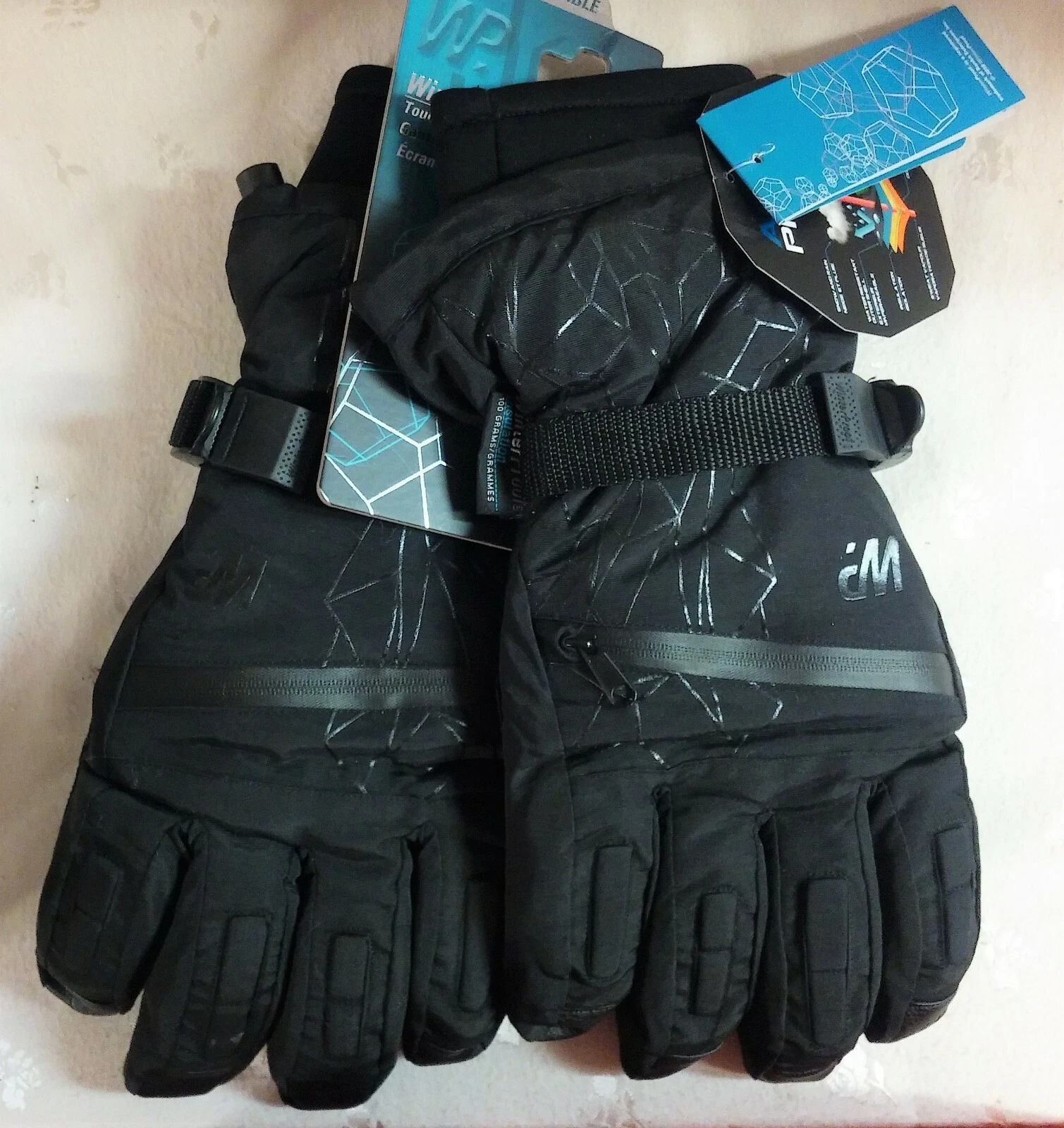NWT WinterProof Black & Silver Graphic Touch Ski Gloves, Men's Size Large