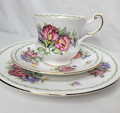 Queens Rosina China Sweet Pea Flowers Teacup Saucer Plate Set 3 Piece England
