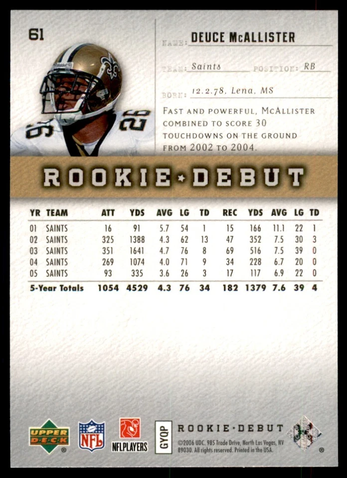 2006 Upper Deck Rookie Debut Deuce McAllister New Orleans Saints #61 - Image 2 of 2