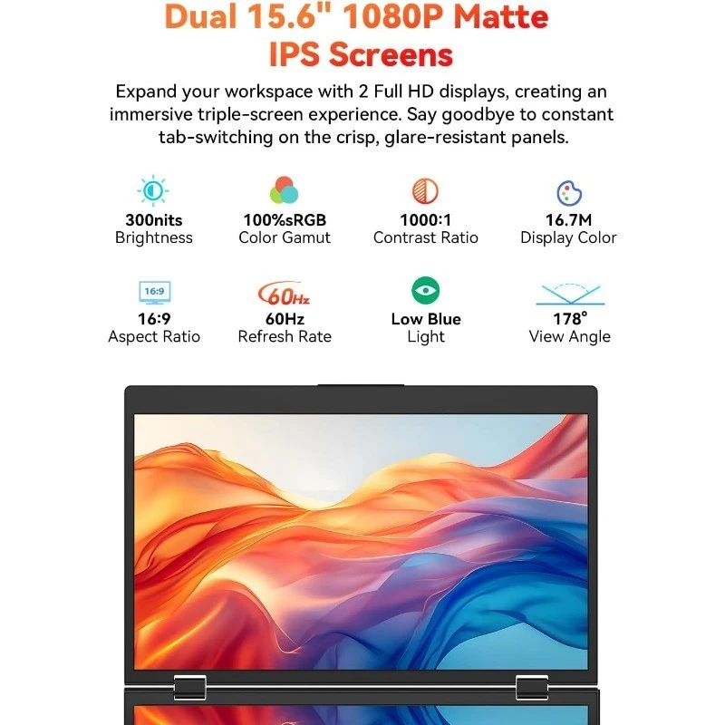 Dual Flip Portable Monitor 15.6 Portable Dual Stacked Monitor Full 1080P FHD IPS - Image 4 of 4