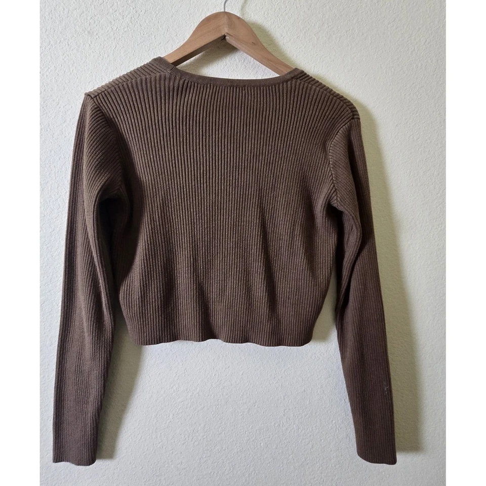 Brandy Melville Brown Cardigan Ribbed Knit Long Sleeve Crop Top One Size - Image 4 of 4
