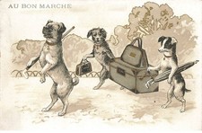 CHROMO #32330 AL BON MARCHE 3 CANI CUCCIOLI JACK RUSSELL CON LE VALIGIE DORATE