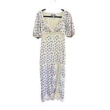 Urban Outfitters Dress Women Cream Blue Floral Lace Trim Midi SIZE XS