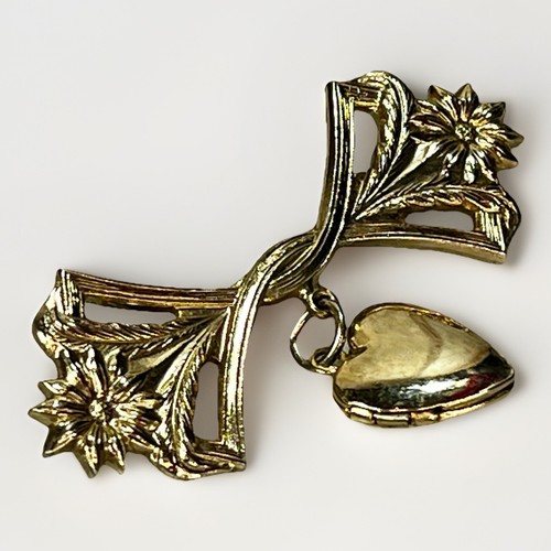 Vintage Lillian Vernon Gold Tone Art Deco Bar Brooch Heart Locket Charm Pin - Picture 3 of 9