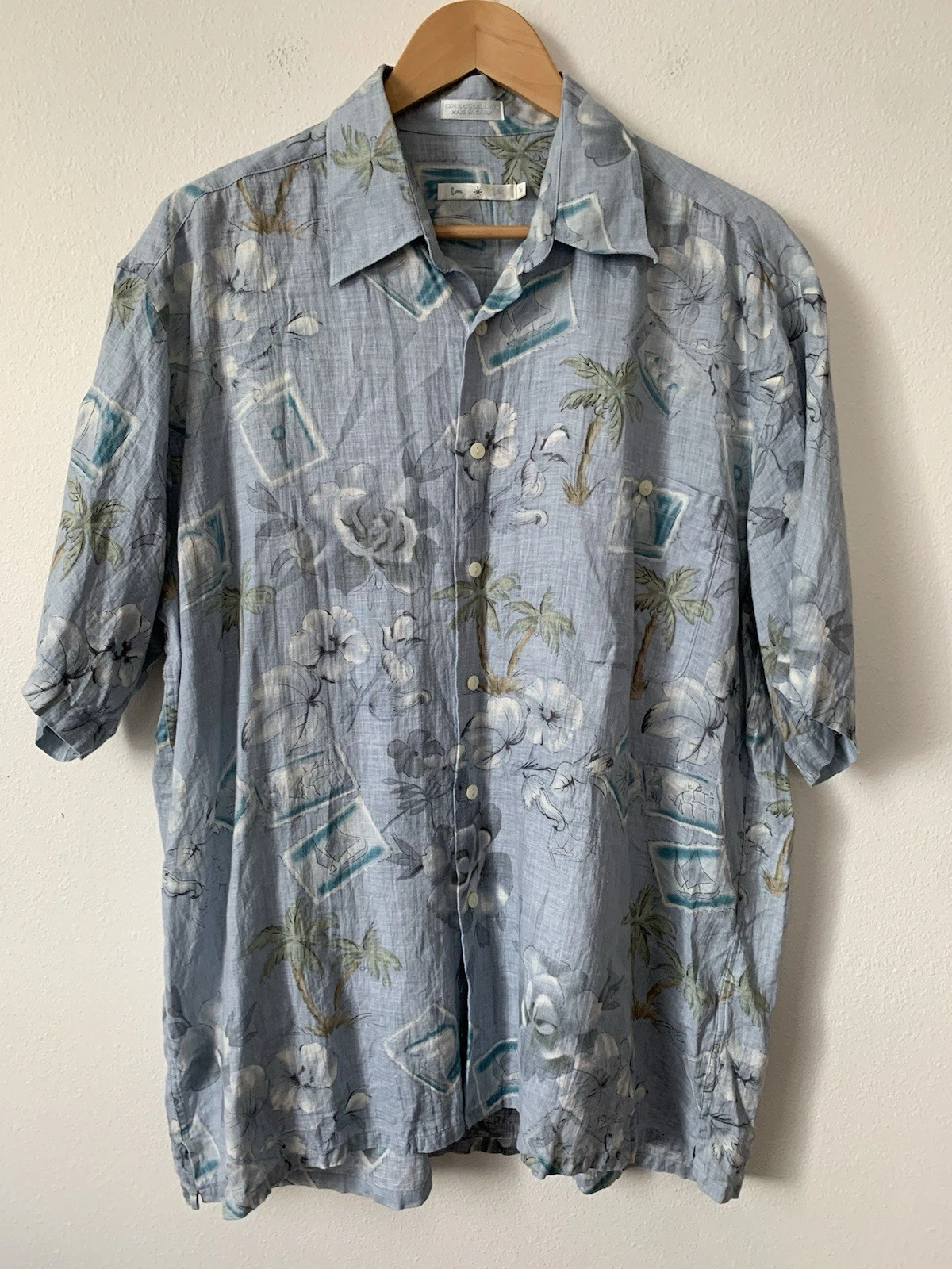 Burma Bibas Linen Camp Shirt L Palm Trees Sail Boats Floral Print Natural Resort