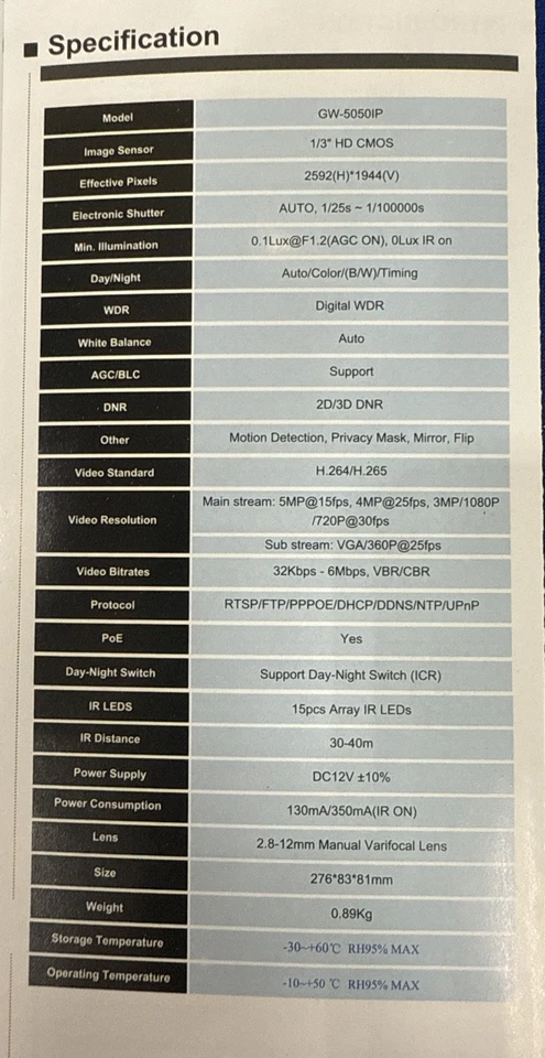 GW-5050IP HD IR Color IP Outdoor Bullet Security Camera - Image 2 of 3