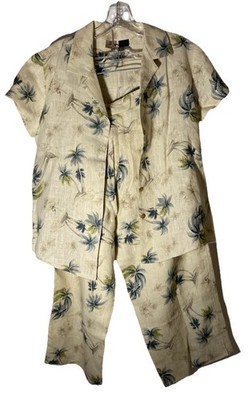 RAFAELLA Women 100% Linen 2 Piece Resort Shirt & Pant Set-Tropical Palm-Sz 6-EUC