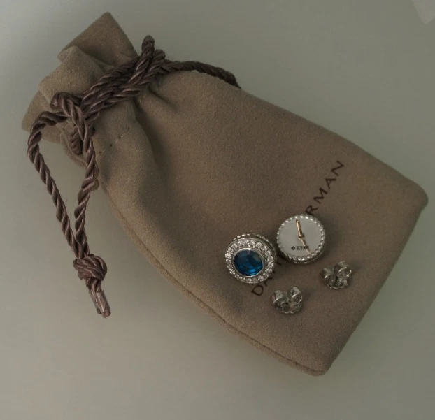 David Yurman 925 Silver 585 Gold BLUE Topaz Diamond Halo Petite CERISE Earrings - Image 4 of 4