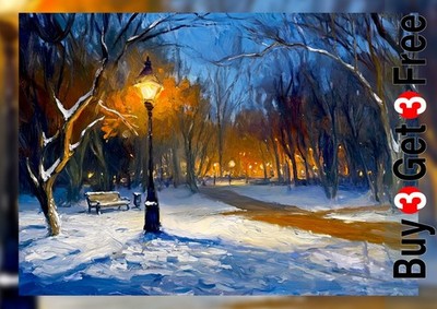 Winter Park Straßenlaterne 5''x7'' Druck auf mattem Papier | Atmosphärische Nachtkunst