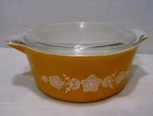 VTG Pyrex Butterfly Gold 2 1/2 Quart Cinderella Casserole # 475-B Clear Lid EUC
