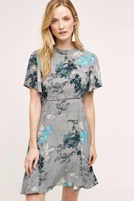 NIP Anthropologie Elliott Mockneck Dress By Rinku Dalamal,12 Petite, Grey Floral