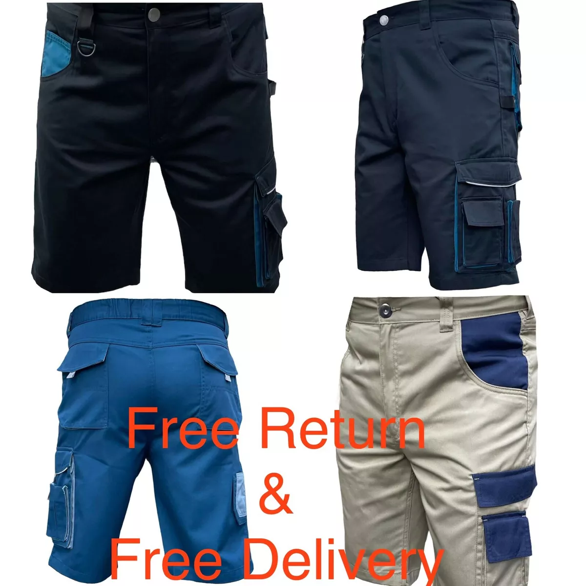 Mens Cargo Work Shorts Multi Pockets Summer COMBAT SHORT Black