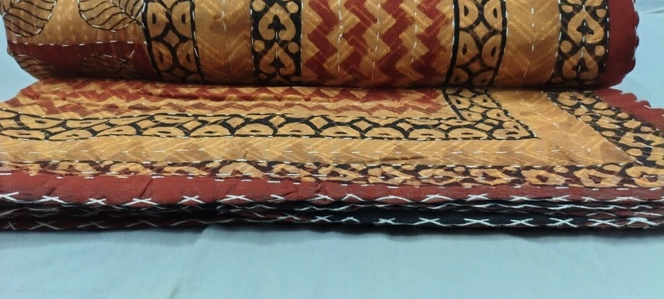 Indian Hand Block Rustic Queen Size Cotton Kantha Quilt Throw Blanket Bedspread - Image 2 of 4