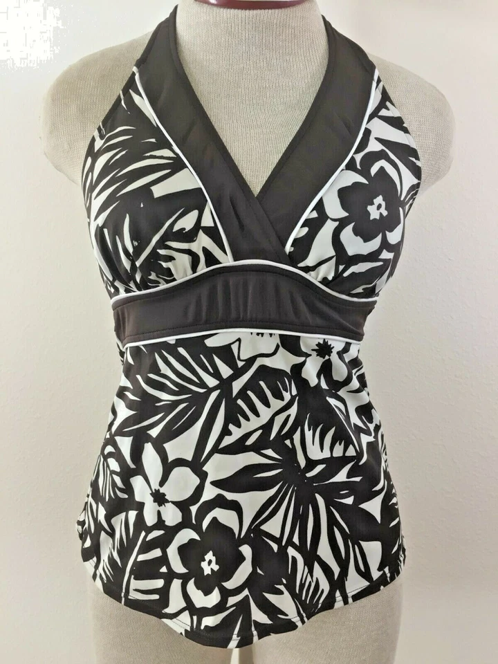 Caribbean Joe Tankini TOP ONLY Traje de Baño Talla 8 Floral Marrón Beige Halter Baño Foto 2 de 4