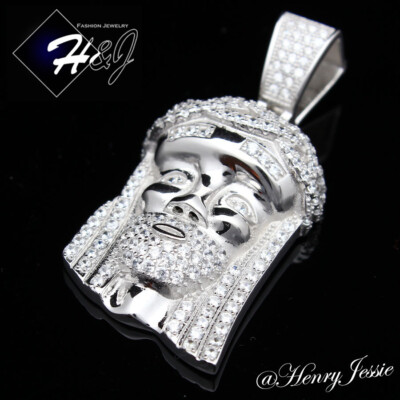 MEN 925 STERLING SILVER ICY BLING CUBIC ZIRCONIA JESUS FACE SILVER ...
