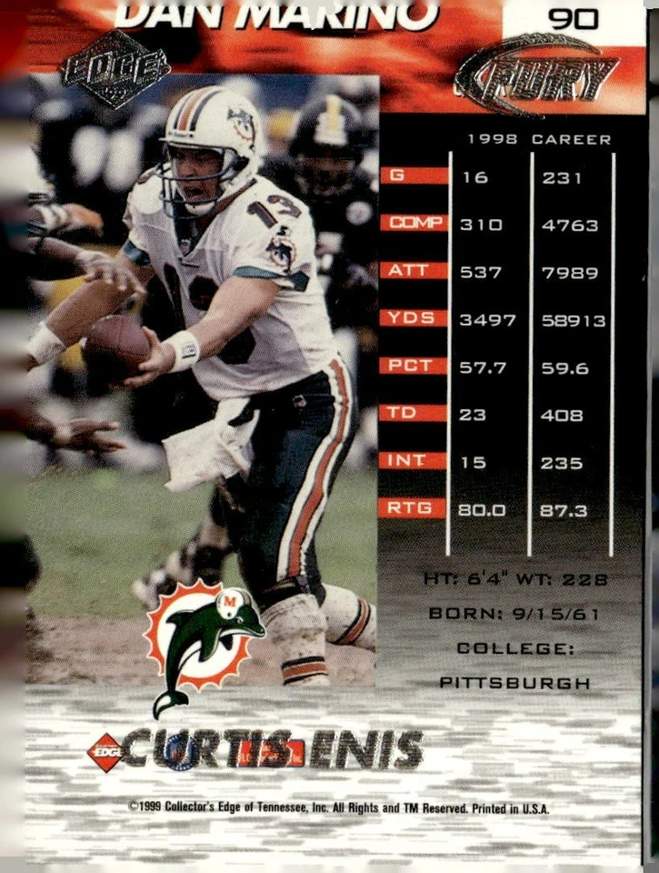1999 Edge Fury Football Dan Marino ERROR CARD Curtis Enis Card #90 - Image 2 of 2