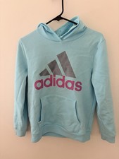 adidas girls Pullover Hoodie Blue Size 16 Slim Fit Graphic Logo Front Pocket