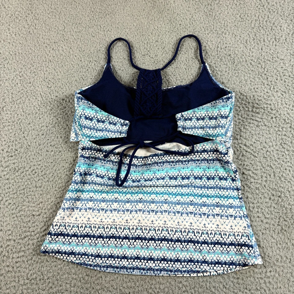 Tankini de natación forrado con almohadillas removibles geométricas de ganchillo M azul blanco para mujer Foto 3 de 4