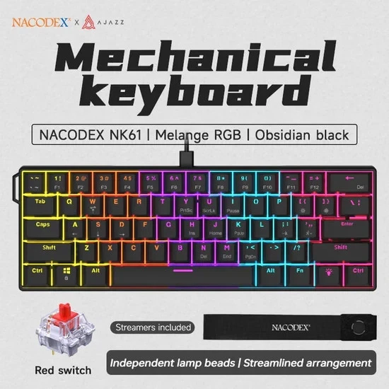 AJAZZ NK61 Mini 60% Wired Mechanical Keyboard, Red Switches, Black, Damaged Box