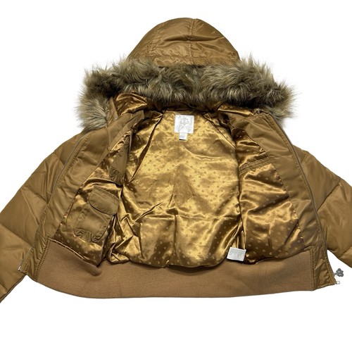 House of Dereon Puffer Jacket Womens M Gold Cropped Fur Hood Down Y2K Deadstock - Picture 4 of 13