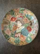 Vintage MCM-Style Glass Ashtray/Bowl Postage Stamps Patriotic Lady Decoupage