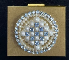Vintage Blue Bejeweled Powder Compact with Screen & Puff