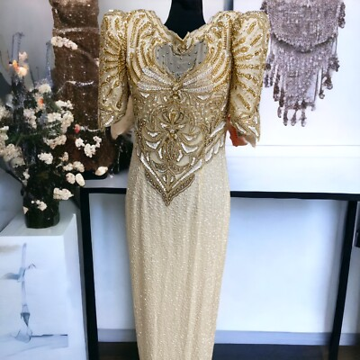 #ad #ad Landa Dress Size Medium Off White Beaded Silk Long Evening Wedding Gown Vintage $313.15