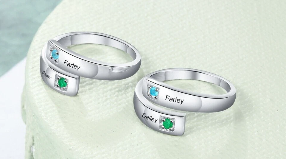 Anillo de madre personalizado 2 piedras de nacimiento - 2 nombres banda abierta acero inoxidable Foto 4 de 4