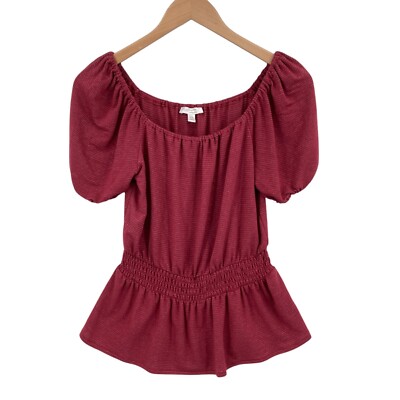 LC Lauren Conrad Blouse Women XS Red Metallic Stripe Balloon Sleeve Off Shoulder