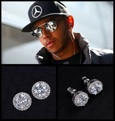 Mens Lewis Hamilton LARGE 10mm 18ct White Gold Plate Cubic Zirconia Earrings - Picture 1 of 5