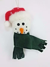 Plush Snowman Head Ornament With Santa Hat Green Scarf Hanging Cord