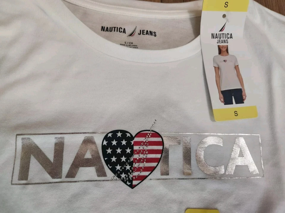 Camiseta para mujer Nautica pequeña blanca manga corta top brillante nueva Foto 3 de 4